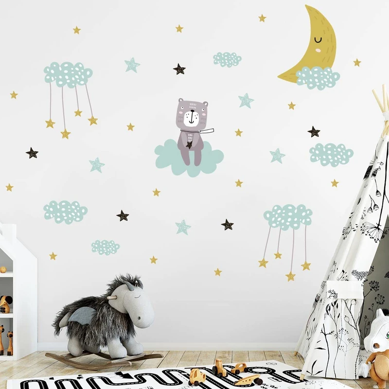 Children's Wall Stickers - Baby Room Decoration - Children's Wall Stickers - Scandinavian Wall Stickers - Bear in Sleep Paradise - Height 120 x Length 180 cm