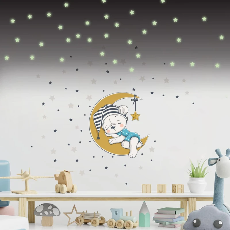 Children's Wall Stickers - Baby Room Decoration - Children's Wall Sticker - Cute Bear on The Moon and 100 Stars (120 x 120 cm) + 100 Glow in The Dark Star Stickers