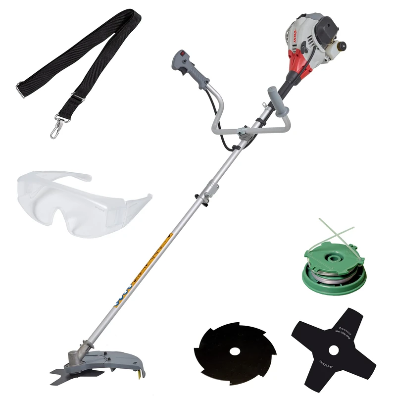 IKRA Petrol Bush Cutter Strimmer Trimmer IBF 25-1 with Thread Spool, 4-Tooth Knife, 8-Tooth Knife, Safety Glasses & Shoulder Strap