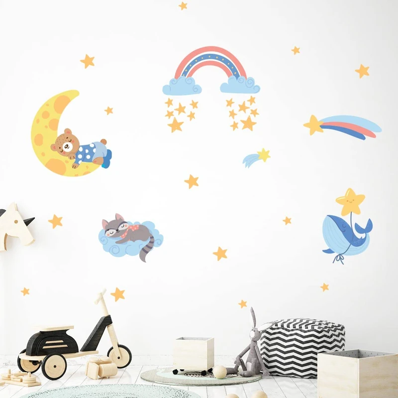 Children's Wall Stickers - Baby Room Decoration - Children's Wall Stickers - Scandinavian Wall Stickers - Animals and Shooting Stars - H120 x L180 cm