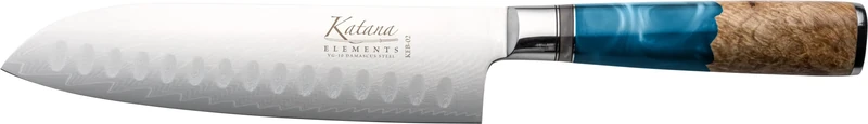 Katana Saya Elements 18 cm Santoku Knife, Ocean Blue - High Carbon VG-10 Damascus Steel for Extreme Toughness & Sharpness – Natural Olivewood & Resin Handle