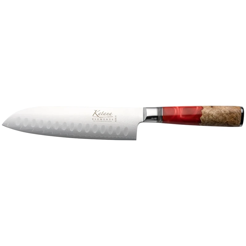 Katana Saya Elements 12cm Santoku Knife, Volcanic Red, Japanese 67-Layer VG-10 Damascus Stainless Steel, Natural Olivewood and Resin Handle, Kitchen Knife