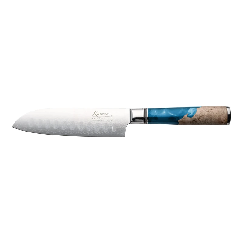 Katana Saya Elements 12cm Santoku Knife, Ocean Blue, Japanese 67-Layer VG-10 Damascus Stainless Steel, Natural Olivewood and Resin Handle, Kitchen Knife