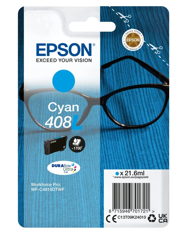 Epson Genuine Ink Singlepack High Yield Cyan 408 XL DURABrite Ultra