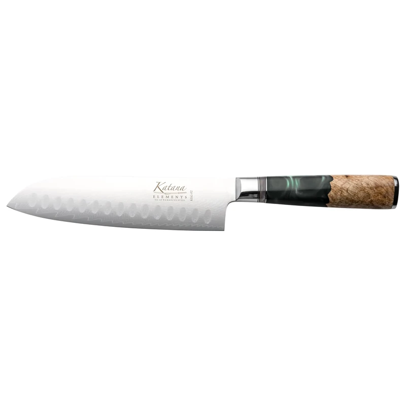 Katana Saya Elements 18cm Santoku Knife, Rainforest Green, Japanese 67-Layer VG-10 Damascus Stainless Steel, Natural Olivewood and Resin Handle, Kitchen Knife