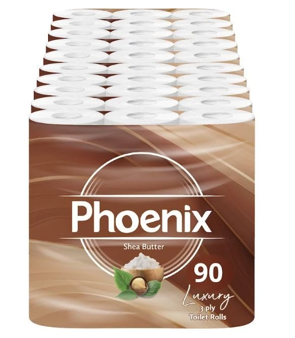 Phoenix Toilet Rolls – 90 Pack | 3 Ply Shea Butter Scented Toilet Paper | Bulk Buy, Soft, Quilted, Sustainably Sourced, Eco- Friendly Luxury Bathroom Tissue
