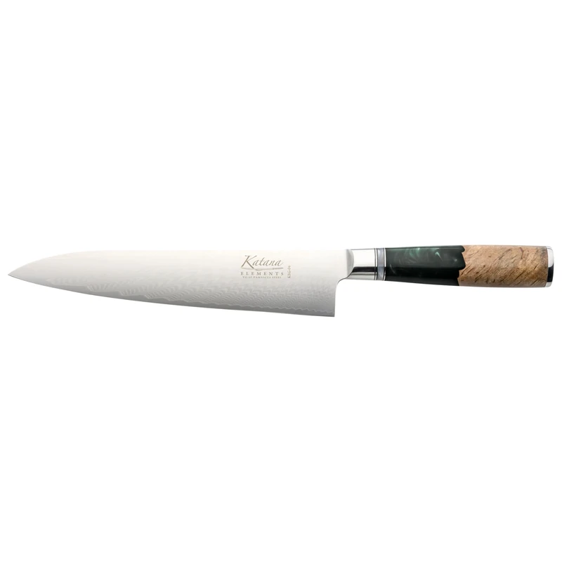 Katana Saya Elements 20cm Gyuto Knife, Rainforest Green, Japanese 67-Layer VG-10 Damascus Stainless Steel, Natural Olivewood and Resin Handle, Kitchen Knife