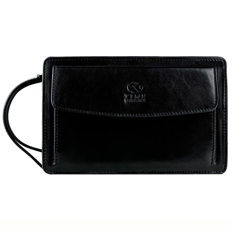 Time Resistance Black Leather Clutch Purse for Men - Handmade Men's Wrist Bag - Italian Leather Clutch Bag - Small Business Briefcase - Small Everyday Items Organizer - Men's Handbag