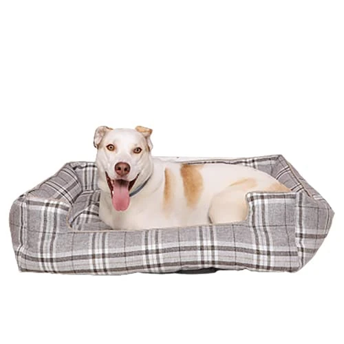 Dog Bed, Grey Check Tartan Dog Sofa Bed, Warm Plush Reversible Inner, Non-Slip Base Small/Medium Pet Bed - 65x80x25cm