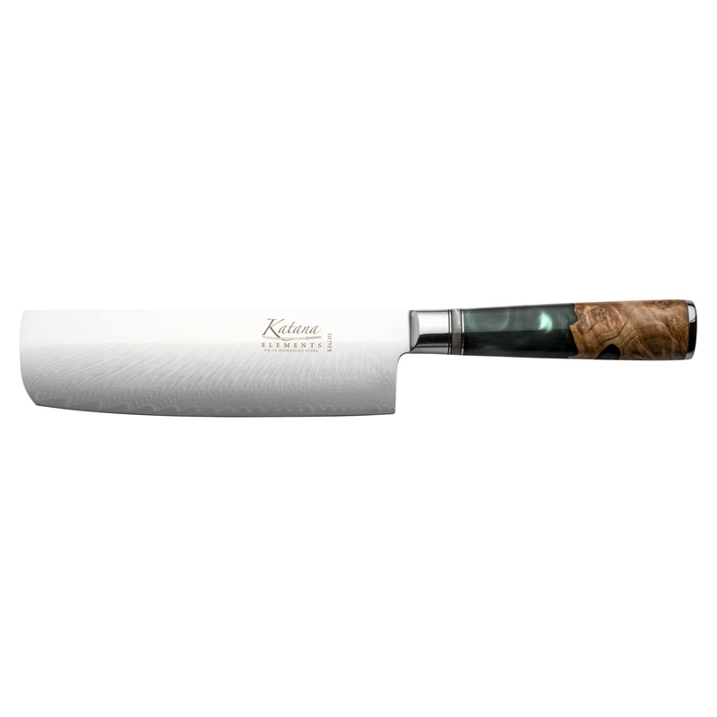 Katana Saya Elements 18cm Nakiri Knife, Rainforest Green, Japanese 67-Layer VG-10 Damascus Stainless Steel, Natural Olivewood and Resin Handle, Kitchen Knife
