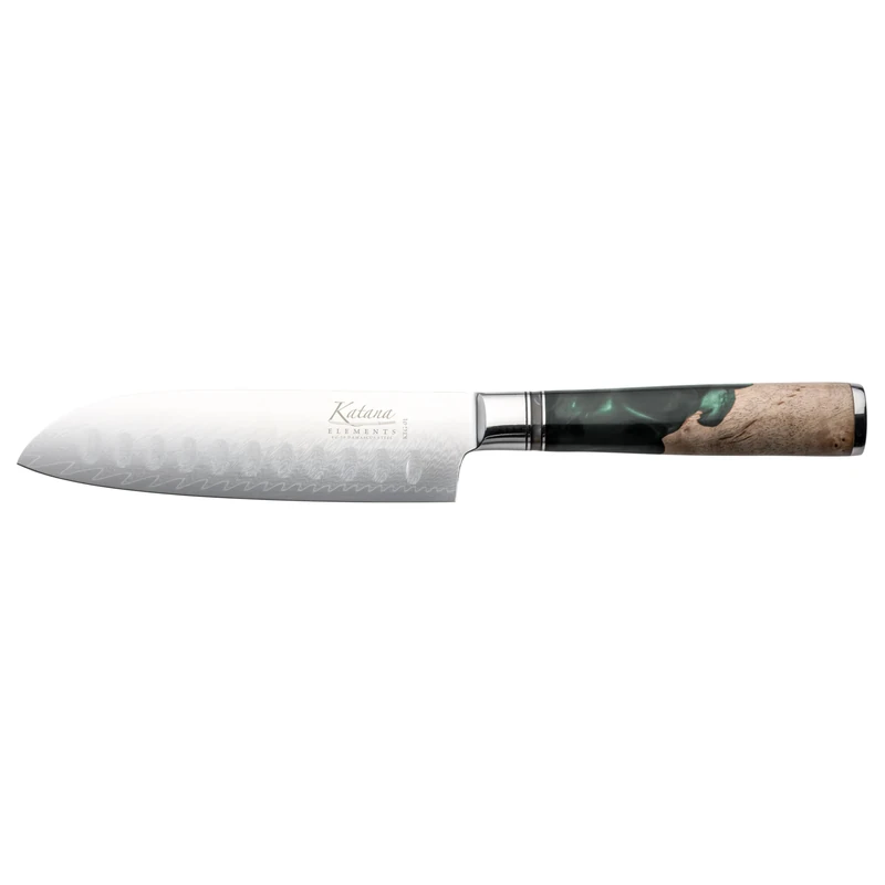 Katana Saya Elements 12cm Santoku Knife, Rainforest Green, Japanese 67-Layer VG-10 Damascus Stainless Steel, Natural Olivewood and Resin Handle, Kitchen Knife