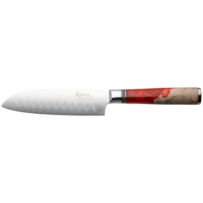 Katana Saya Elements 12cm Santoku Knife, Volcanic Red, Japanese 67-Layer VG-10 Damascus Stainless Steel, Natural Olivewood and Resin Handle, Kitchen Knife