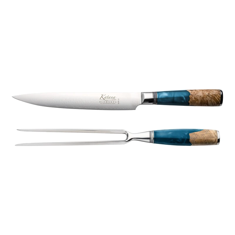 Katana Saya Elements 2 Piece Carving Set, Ocean Blue, Carving Knife and Carving Fork, Japanese 67-Layer VG-10 Damascus Stainless Steel, Natural Olivewood and Resin Handle, Kitchen Knife