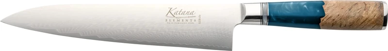 Katana Saya Elements 20cm Gyuto Knife, Ocean Blue, Japanese 67-Layer VG-10 Damascus Stainless Steel, Natural Olivewood and Resin Handle, Kitchen Knife