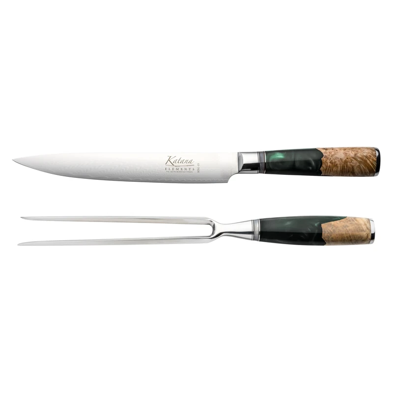 Katana Saya Elements 2 Piece Carving Set, Rainforest Green, Carving Knife and Carving Fork, Japanese 67-Layer VG-10 Damascus Stainless Steel, Natural Olivewood and Resin Handle, Kitchen Knife