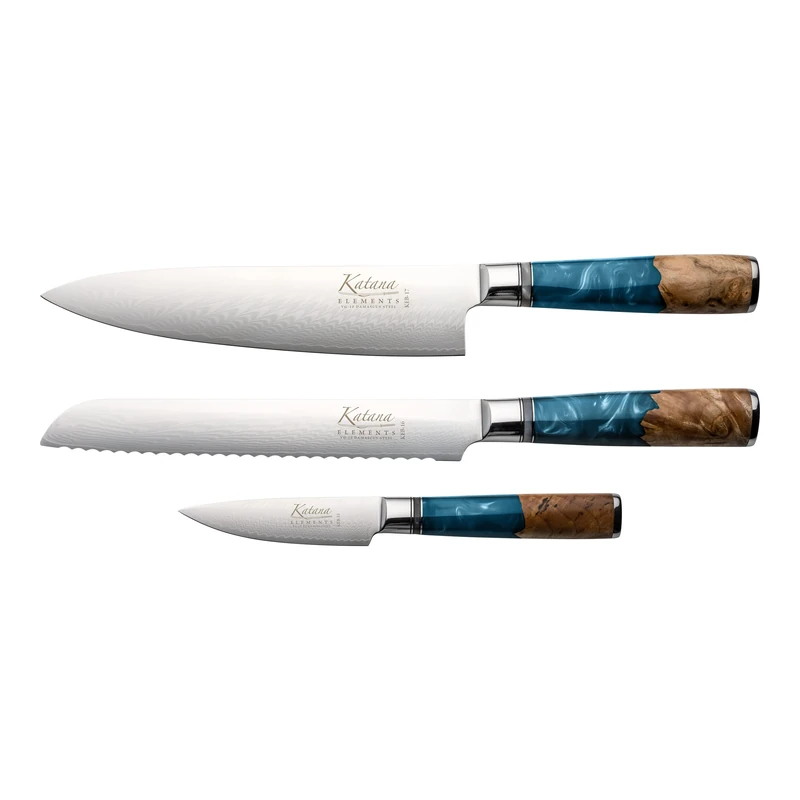Katana Saya Elements 3 Piece Kitchen Knife Set, Ocean Blue, 20cm Chef's, 20cm Bread and 9cm Paring Knives Japanese VG-10 Damascus Stainless Steel, Natural Olivewood and Resin Handle, Kitchen Knife