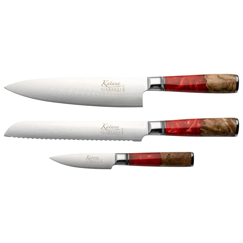 Katana Saya Elements 3 Piece Kitchen Knife Set, Volcanic Red, 20cm Chef's, 20cm Bread and 9cm Paring Knives Japanese VG-10 Damascus Stainless Steel, Natural Olivewood and Resin Handle, Kitchen Knife