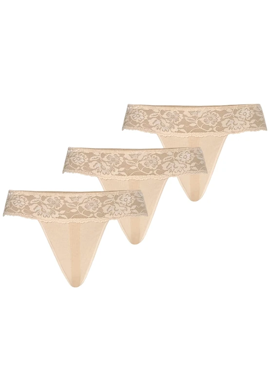 Teyli Women's Mesh Thong with Lace Pack of 3, beige, XL Große Größen