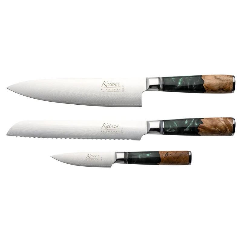 Katana Saya Elements 3 Piece Kitchen Knife Set, Rainforest Green - High Carbon VG-10 Damascus Steel for Extreme Toughness & Sharpness – Natural Olivewood & Resin Handle – Chef, Bread & Paring Knife