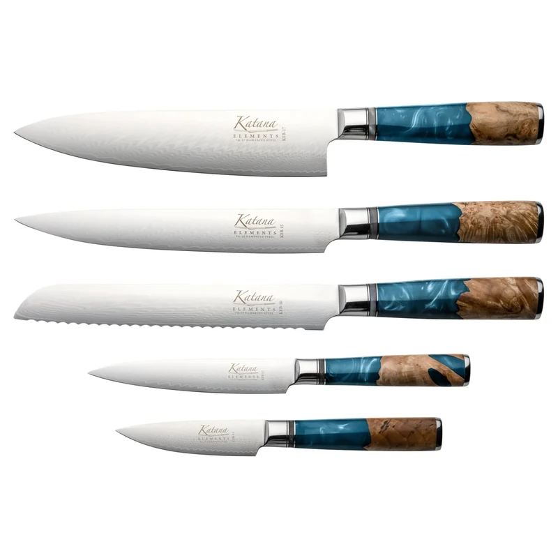 Katana Saya Elements, Ocean Blue, 6 Piece Knife Block Set, Chef's, Carving, Bread, Utility and Paring Knives, Hardwood Block, Japanese VG-10 Damascus Stainless Steel, Olive Wood with Blue Resin Handle