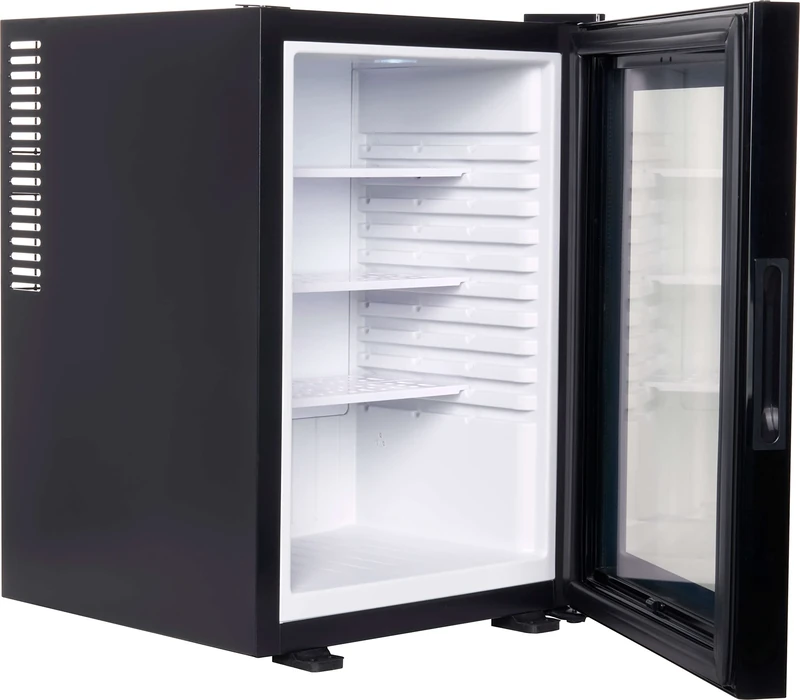 Corby Eton 40L Glass Door Minibar Fridge – Silent Hotel Mini Fridge with LED Light & Adjustable Shelves – Compact Beverage Cooler for Guest Rooms, Offices & Bedrooms – Black