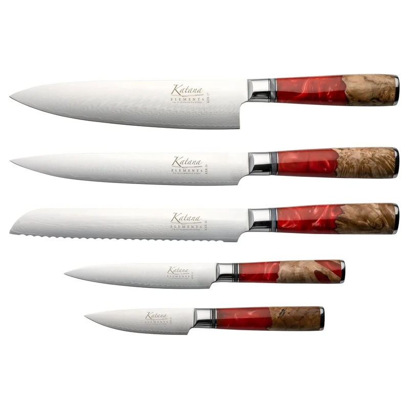 Katana Saya Elements, Volcanic Red, 6 Piece Knife Block Set, Chef's, Carving, Bread, Utility and Paring Knives, Hardwood Block, Japanese VG-10 Damascus Stainless Steel, Olive Wood with Resin Handle