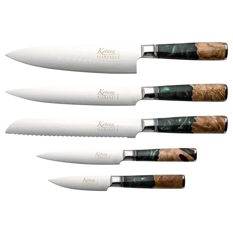 Katana Saya Elements, Rainforest Green, 6 Piece Knife Block Set, Chef's, Carving, Bread, Utility and Paring Knives, Hardwood Block, Japanese Damascus Stainless Steel, Olive Wood with Resin Handle