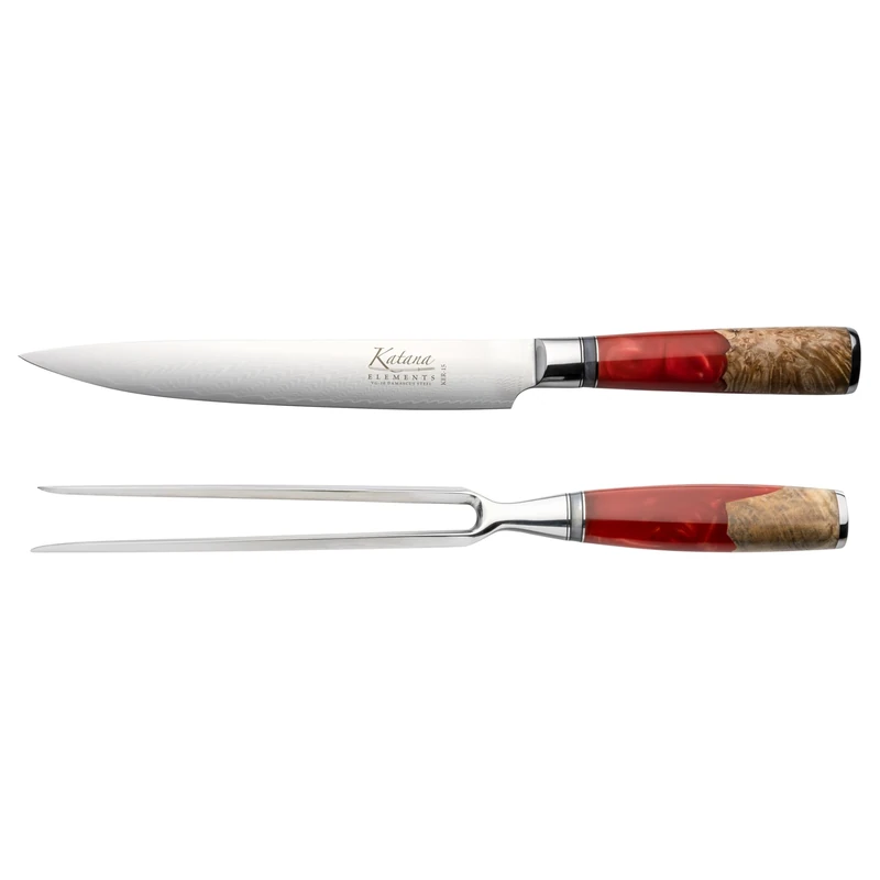Katana Saya Elements 2 Piece Carving Set, Volcanic Red, Carving Knife and Carving Fork, 67-Layer VG-10 Damascus Stainless Steel, Natural Olivewood and Resin Handle