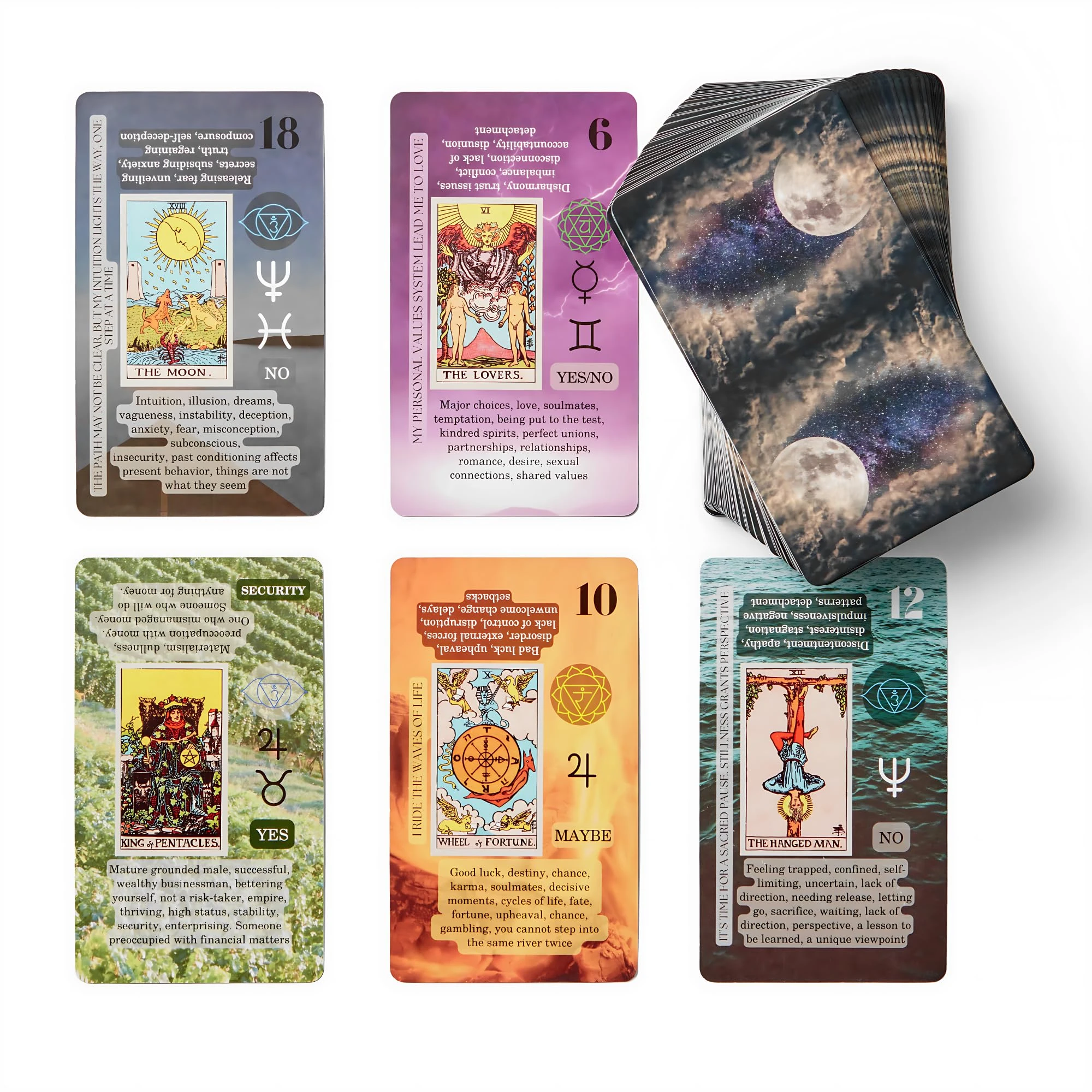 Witchy Cauldron Learning Tarot Deck for Beginners – 78 Classic Rider-Waite Cards with Planets, Chakras, Reverse Meanings & Keywords – Spiritual Reading Tool