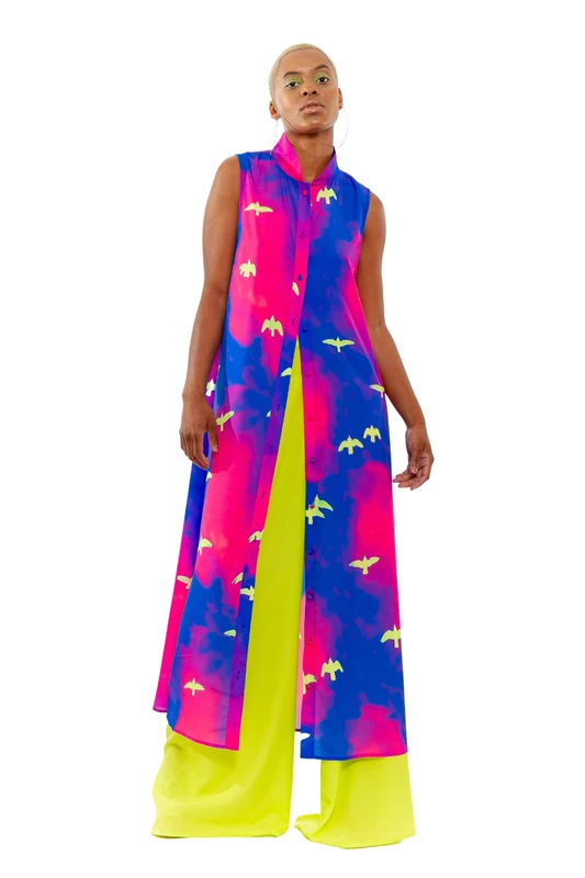 CHAOUICHE Women's Flow Vest, Birds Print, L