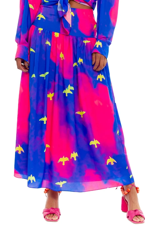 CHAOUICHE Women's Flow Skirt, Birds Print, XXL