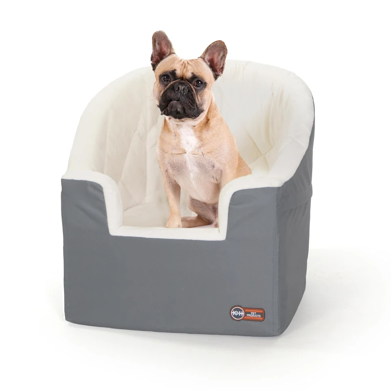 K&H Pet Products Bucket Booster Dog Car Seat - Washable, Sturdy Booster Seats for Small & Medium Dogs, 2 Safety Leashes, Gray/Cream