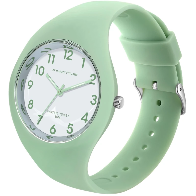 findtime Ladies Waterproof Watch - Big Face, Silicone Strap, Green