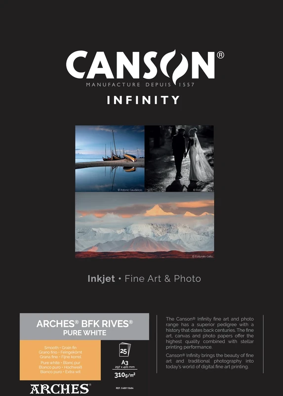 Canson Infinity Arches BFK Rives 100% Textured Pure White Inkjet Photo Paper, 310gsm, 29.7 x 42 cm, 25 Sheets, Acid-Free, Ideal for Professional Photographers