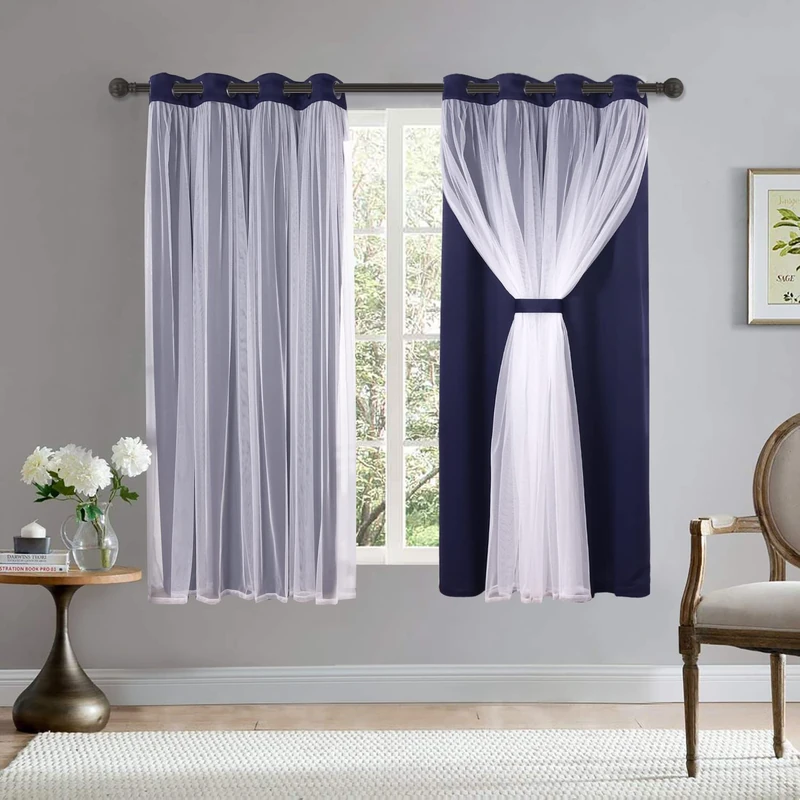 Bonzer White Sheer Tulle Overlay Blackout Curtains Grommet Top Mix and Match Curtains for Bedroom, Navy, 52x63 Inch, Set of 2 Panels