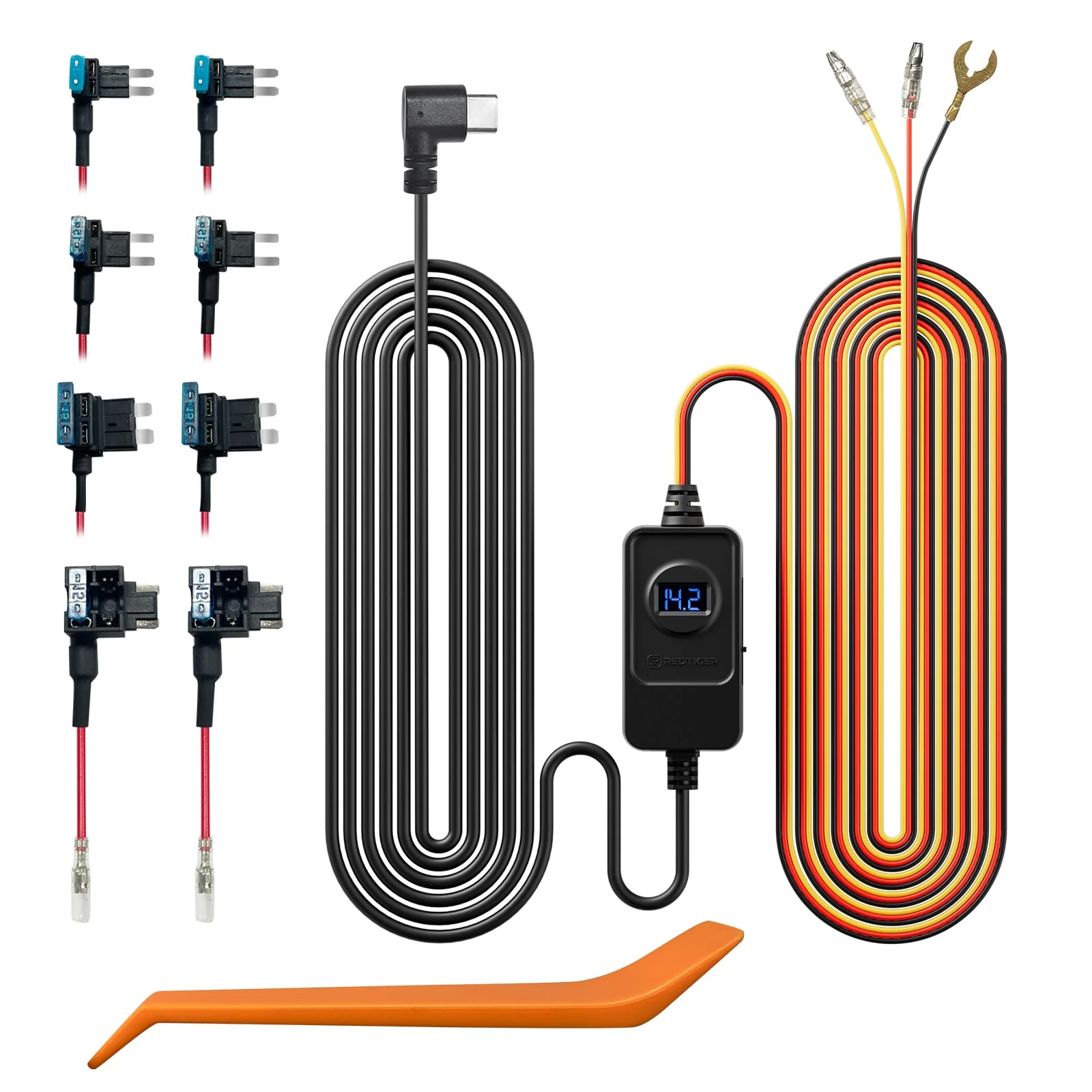 REDTIGER Dash Cam Hardwire Kit USB C Port, Dashboard Camera Car Charger Cable Kit 12V- 24V to 5V w/Fuse Kit, Low Voltage Protection for Dash Cam Double-4 Fuses