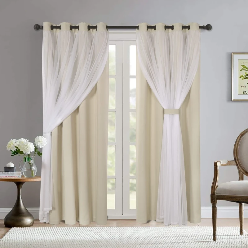 BONZER White Sheer Voile and Blackout Curtains Assembled Grommet Mix and Match Curtains for Living Room, Beige, 52x84 Inch, Set of 2 Panels