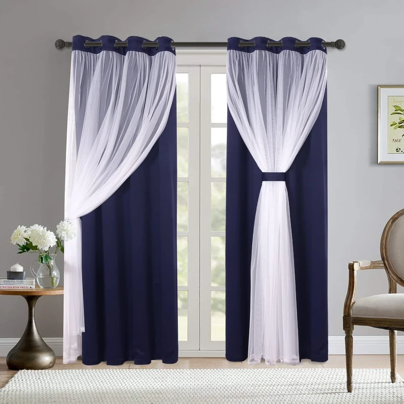 Bonzer Grey Blackout Curtains with White Sheer Voile Double-Layered Mix and Match Curtains Grommet Curtains for Living Room, Navy, 52x84 Inch, Set of 2 Panels