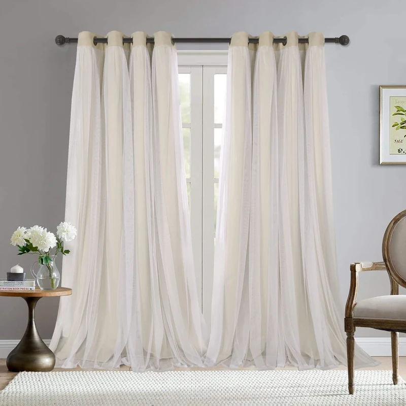 Bonzer Mix and Match Blackout Curtains Grommet Double-Layered Curtains with White Sheer Voile for Living Room, Beige, 52x95 Inch, Set of 2 Panels