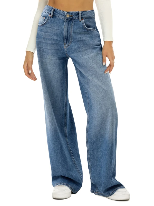 HDLTE Baggy Wide Leg Jeans Non-Stretch Fabric High Waist Loose YKK Zipper for All Leg Types Suitable for All Kinds of People, Light Blue, S