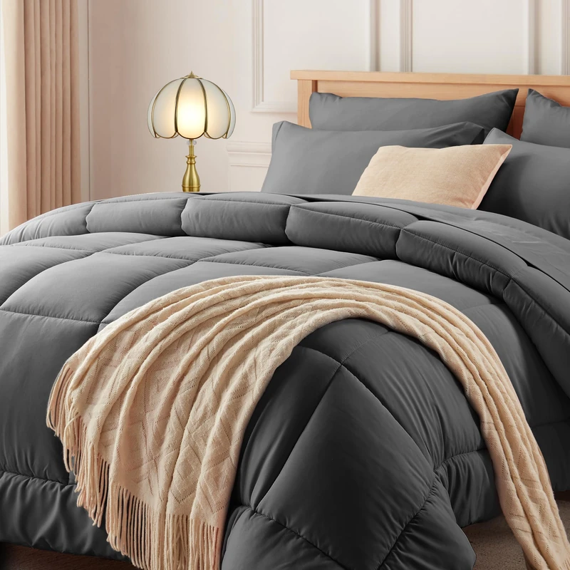 Newspin Queen Comforter Set Dark Grey - Bed in a Bag Queen Size 7 Pieces, All Season Bed Set, Fluffy Comforter Set with Sheets, Sheet Set Quilt Blanket, Pillowcases & Shams
