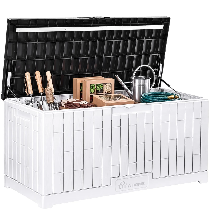 YITAHOME 450L Garden Storage Box Waterproof, Large Outdoor Storage Box with Lid, Lockable Deck Boxes Outdoor Storage Containers for Patio Cushions Garden Tools, Black + White, 140 x 66 x 59cm