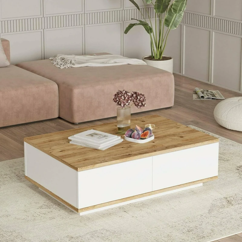 Dmora - Marfik Coffee Table, Low Coffee Table, Magazine Rack for Sofa, Living Room Shelf, 90 x 60 x 29 cm, Oak and White