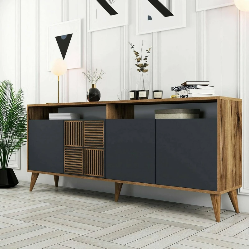 Dmora - Virgo Consolle, Living Room Sideboard, Low Cabinet for TV, Equipped Wall Base, 180 x 35 H 79 cm, Walnut and Anthracite