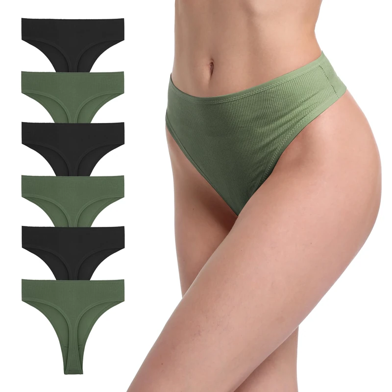 GAREDOB 6 Pack Women's Ribbed Cotton Thongs High Waist Panties Plus Size High Rise No Show Underwear, 6 Pcs High Thong-c, XL
