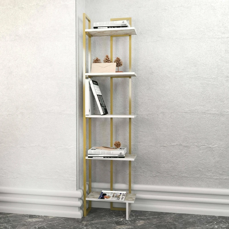 Dmora Alnair Bookcase, Office Shelf, Bookcase, Library, 45 x 22 x 180 cm, White and Gold