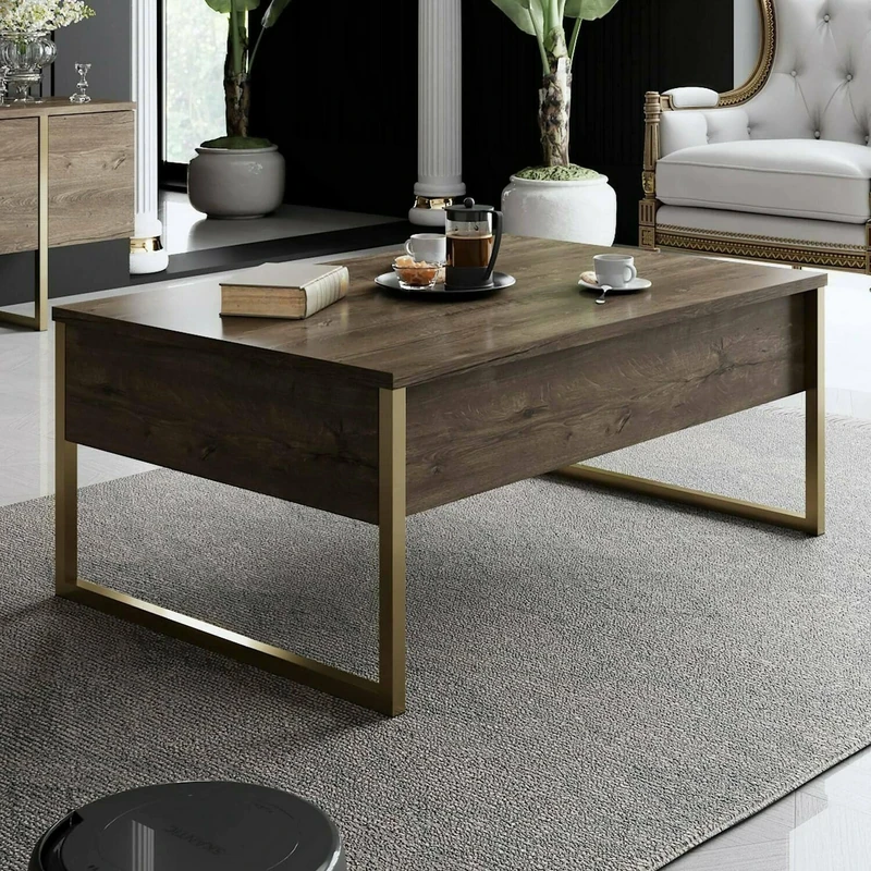 Dmora - Canis Coffee Table, Low Coffee Table, Magazine Rack for Sofa, Living Room Shelf, 90 x 60 x 40 cm, Walnut and Gold - Image 1