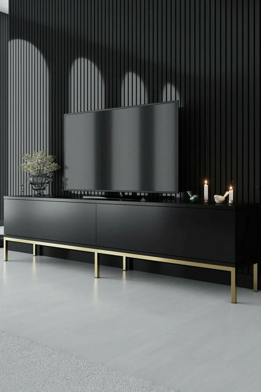 Dmora Regulus TV Stand, Living Room Sideboard, Low Cabinet for TV, Equipped Wall Base, 180 x 30 x 47 cm, Black and Gold