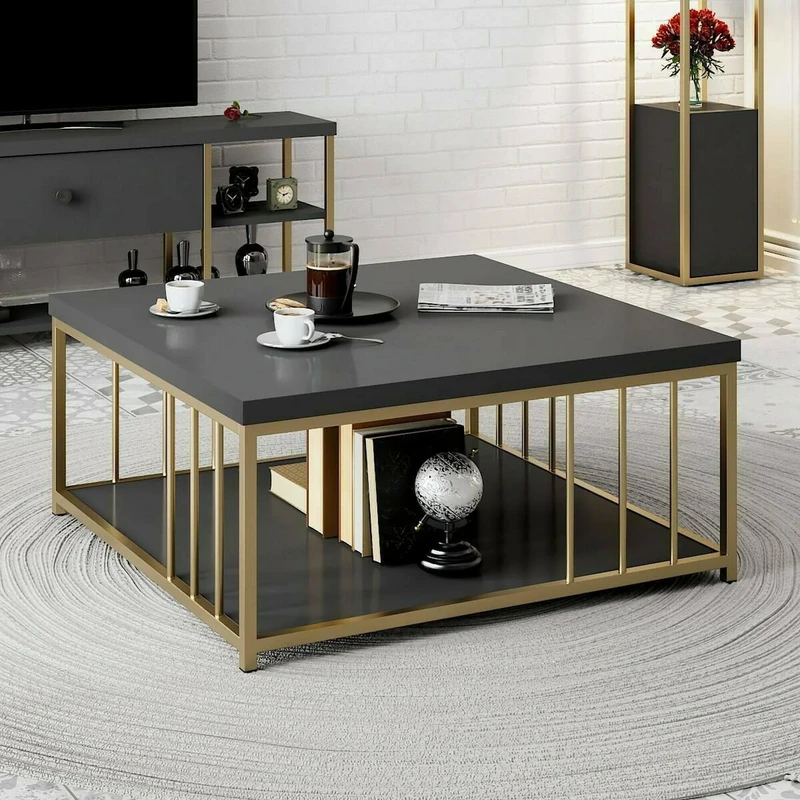 Dmora Ankaa Living Room Table, Low Coffee Table, Magazine Rack for Sofa, Living Room Shelf, 90 x 90 x 40 cm, Anthracite and Gold - Image 1