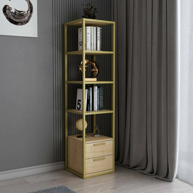 Dmora Artemis Bookcase, Office Bookcase, Bookcase, 39 x 39 x 169 cm, Gold and Oak